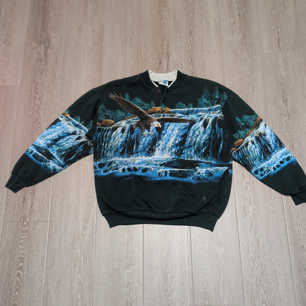 Vintage 90s USA Art Unlimited Eagle Waterfall AOP Sweatshirt Mens L Green Henley